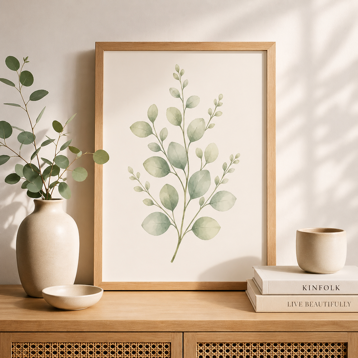 Layered Sage Leaves Framed Botanical Wall Art — Minimalist Watercolor — thumbnail 2